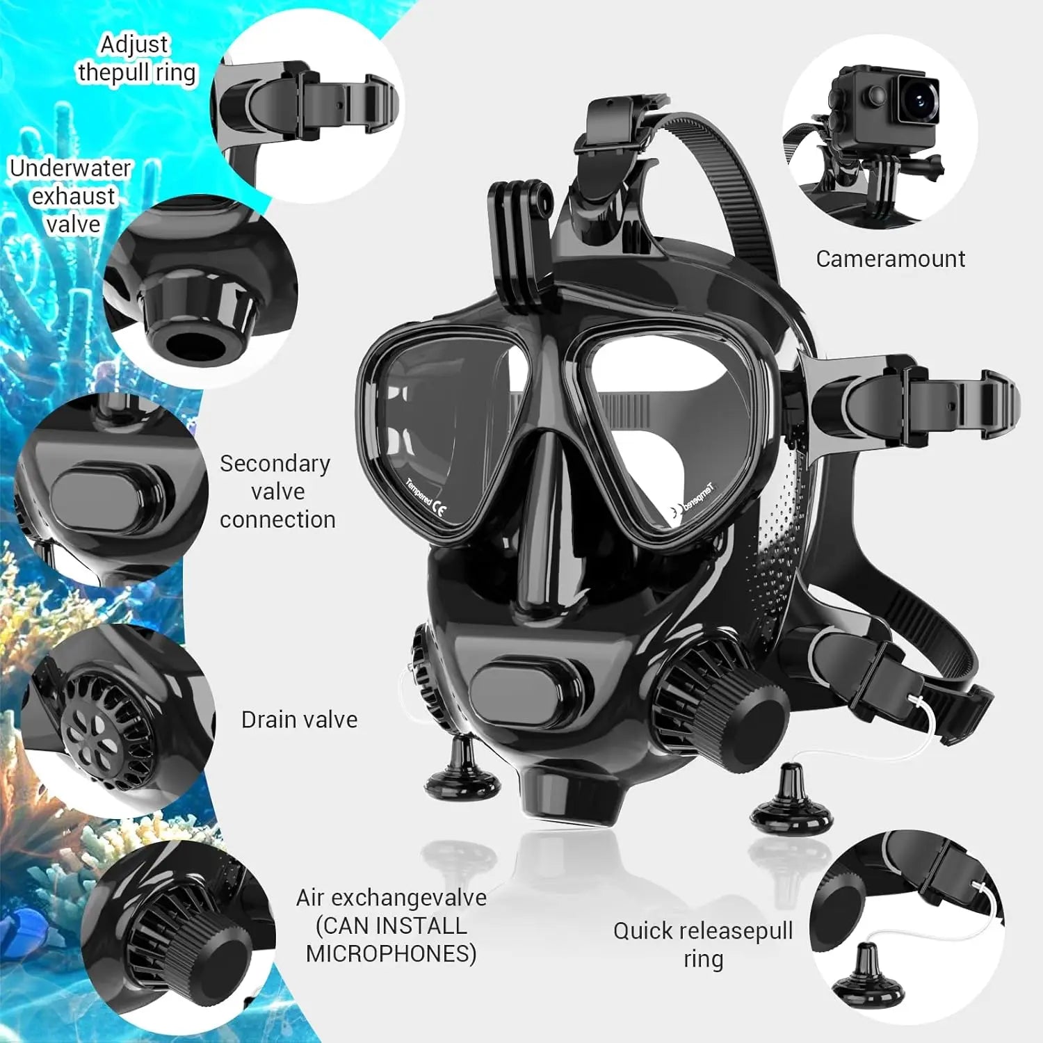 Diving Mask Full Face Snorkel Mask,180 Panoramic View Dry Top System Soft Silicone Adjustable Head Straps Comfortable Breathing Design Anti Leak With Drain Valve Max 98 Feet Deep For Adult Snorkeling Scuba Diving