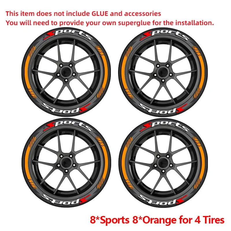 SPORTS Tire Letter Stickers 8PCS for 4 Wheels Universal Rubber Tire Decals Racing JDM Wheel Sidewall Car Accessories DIY