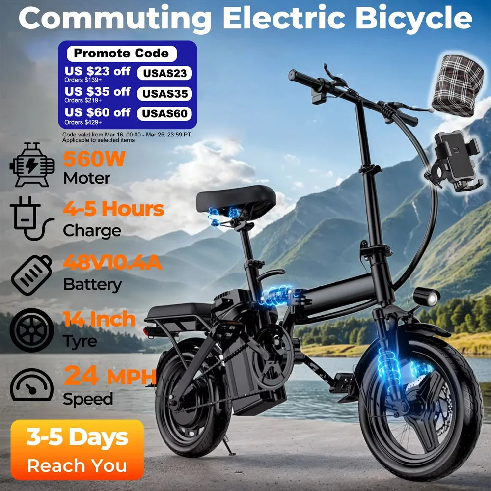 560W Adult Electric Bikes,24MPH,48V10.4AH Removable Battery,14inch Folding Electric Bike,Multi-Shock Absorption Electric Bicycle