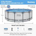 Steel Pro MAX 13' X 48' Above Ground Pool Round Metal Frame Outdoor Swimming Pool Set with Filter Pump Ladder and Cover Gray