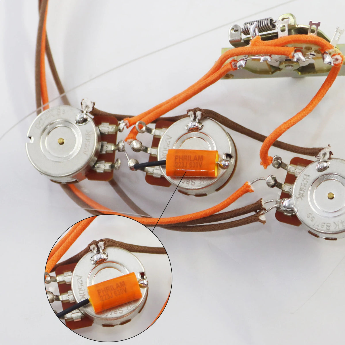 SSS Guitar Standard Wiring Kit (1 Volume/2 Tone, with 5-Position Mechanical Pickup Selector Switchs 6mm 24-Tooth 250kΩ Brass)