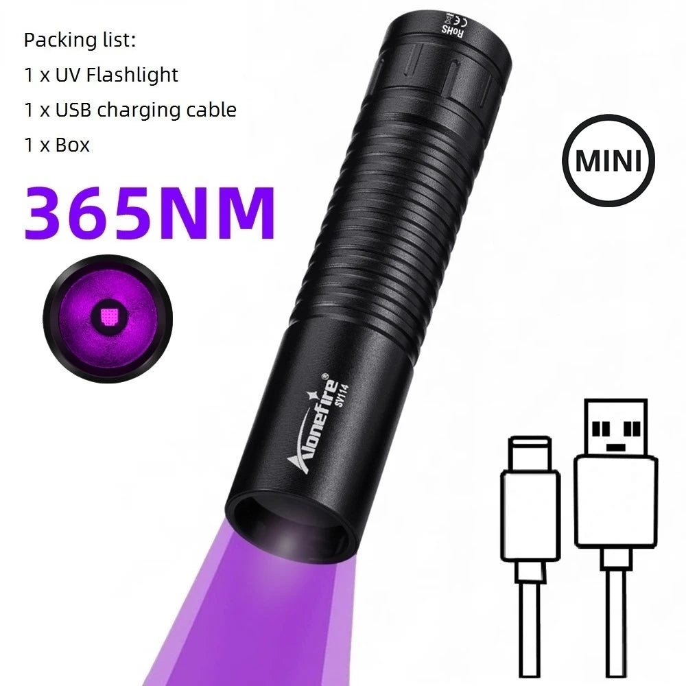 365nm/395nm Mini UV Led Flashlight Usb Rechargeable Nail Lamp Torch Cat Dog Pets Urine Tinea Money Ore Gems Scorpion Check Light