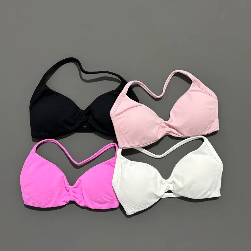 Histello Sports Strappy Bra Women Yoga Tank Bra Seamless High Support Fitness Workout Top Running Exercise Halter Gym Bras