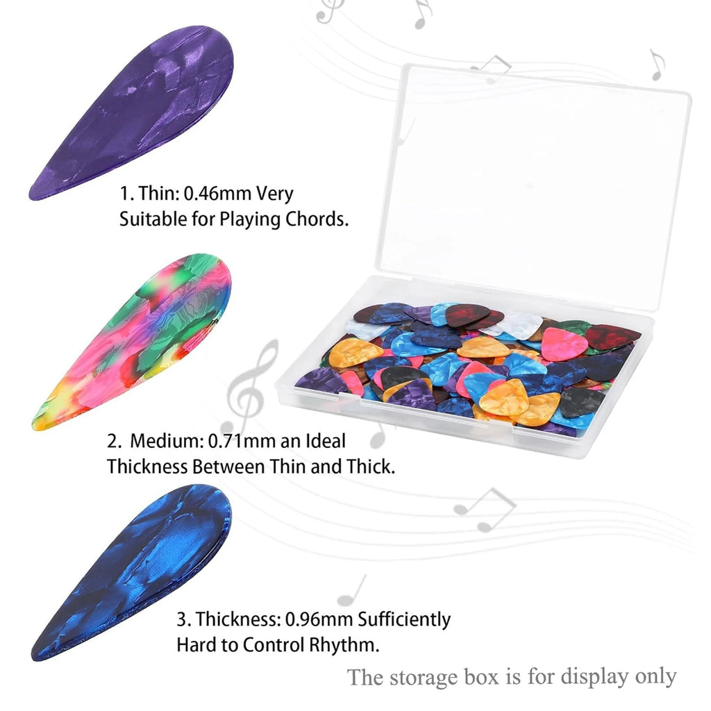 100Pcs/set Mixed Guitar Picks | 3 Thickness (0.46/0.71/0.96mm) | Celluloid Plectrums for Guitar/Bass/Ukulele | Gift Variety