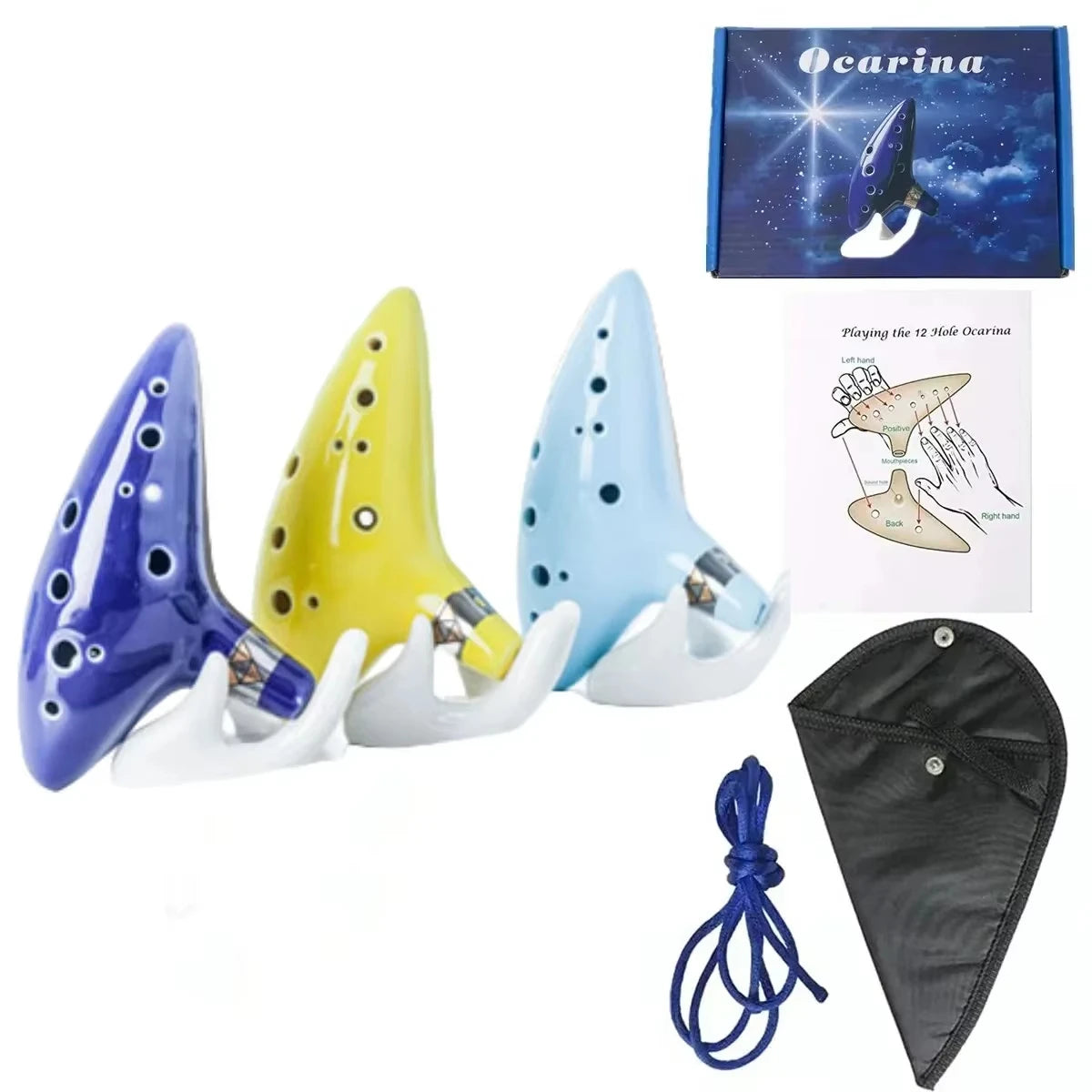 Miwayer Professional Alto C Ceramic Ocarina, 12 Tones Portable Musical Instrument with Storage Bag Neck String Music Book