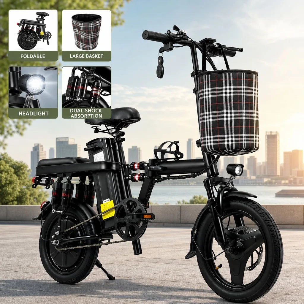 Foldable Electric Bike for Adults 500W 48V 15Ah 14" Tires 8 Shock Absorbers Portable Commuter E-Bicycle Folding Scooter