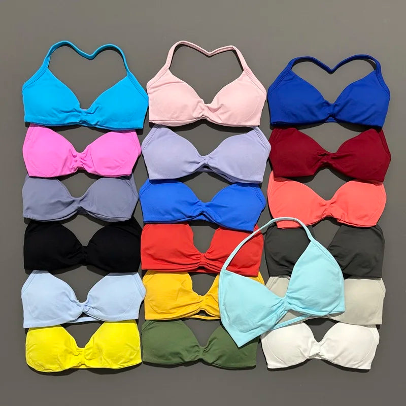 Histello Sports Strappy Bra Women Yoga Tank Bra Seamless High Support Fitness Workout Top Running Exercise Halter Gym Bras