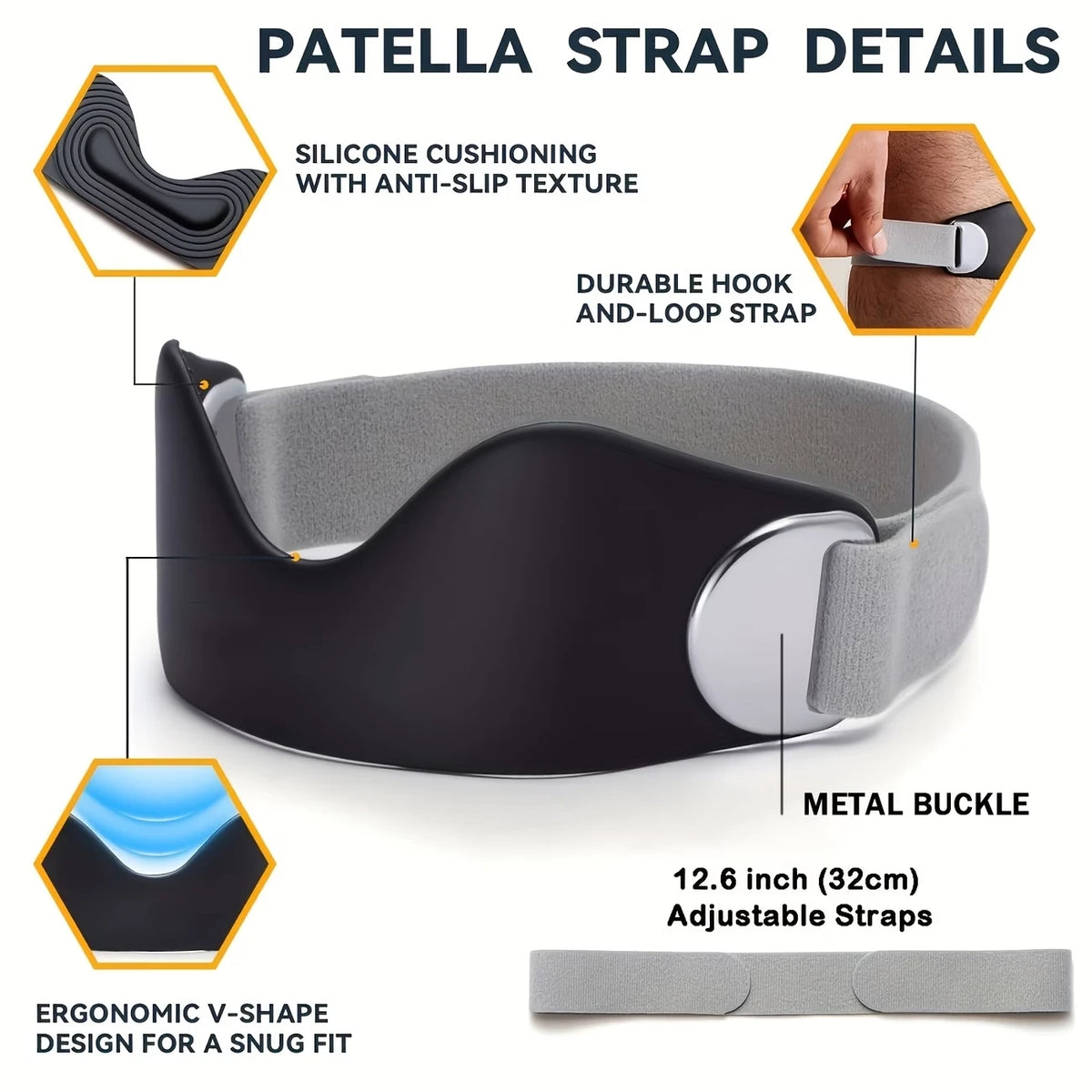 2-Pack Patella Straps with Adjustable Metal Buckle, Non-Slip Silicone Compression Patellar Tendon Support, Knee Brace for Running, Jump Rope, Badminton, Mountaineering, Unisex Shock-Absorbing Compression Patella Support Band