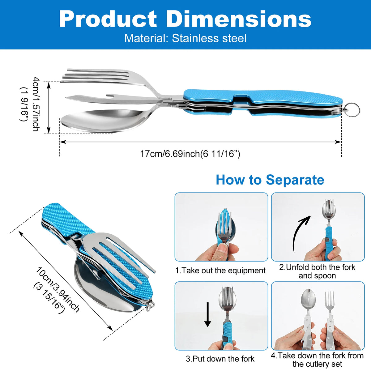 3 In 1 Multi-functional Outdoor Camp Tableware Stainless Steel Foldable Fork Spoon Bottle Opener Kit for Picnic Camping Utensils
