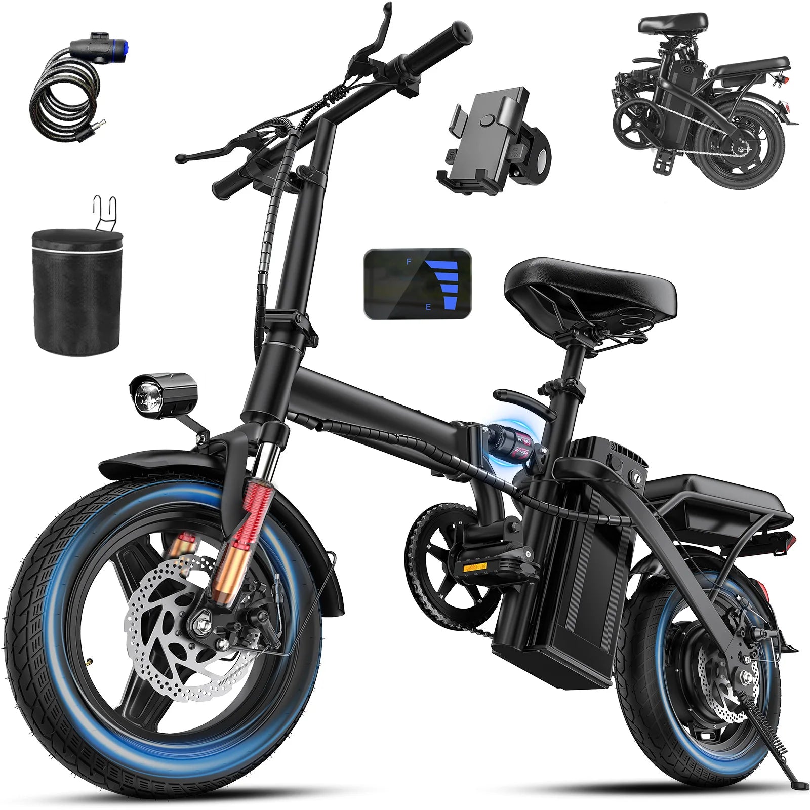560W Adult Electric Bikes,24MPH,48V10.4AH Removable Battery,14inch Folding Electric Bike,Multi-Shock Absorption Electric Bicycle