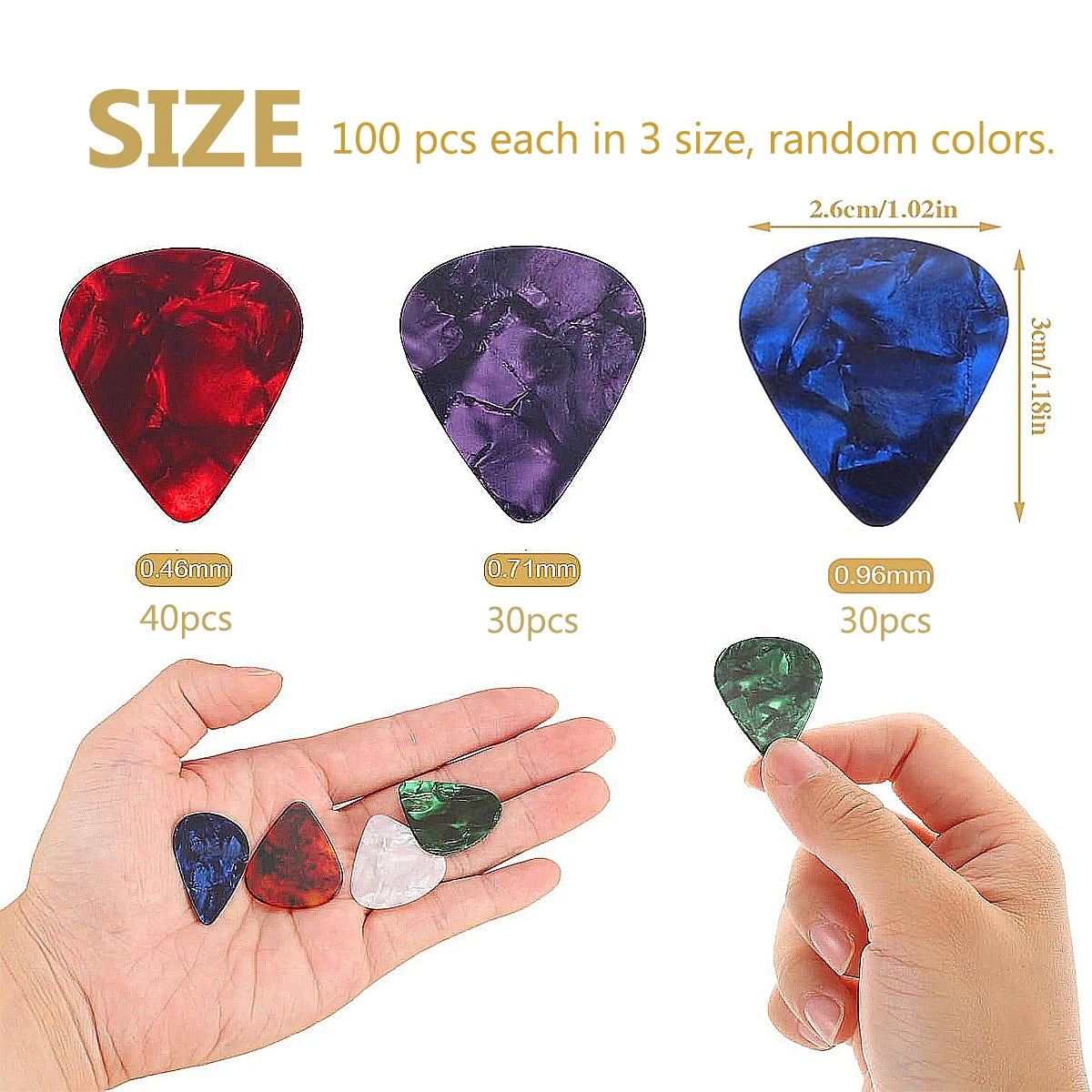 100Pcs/set Mixed Guitar Picks | 3 Thickness (0.46/0.71/0.96mm) | Celluloid Plectrums for Guitar/Bass/Ukulele | Gift Variety