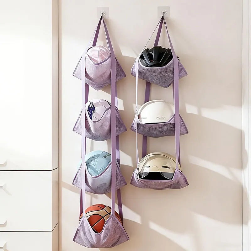 3/4 Tier Hanging Ball Storage Bag with Hooks, Mesh Sports Equipment Organizer for Basketball Football Volleyball, Over Door Wall