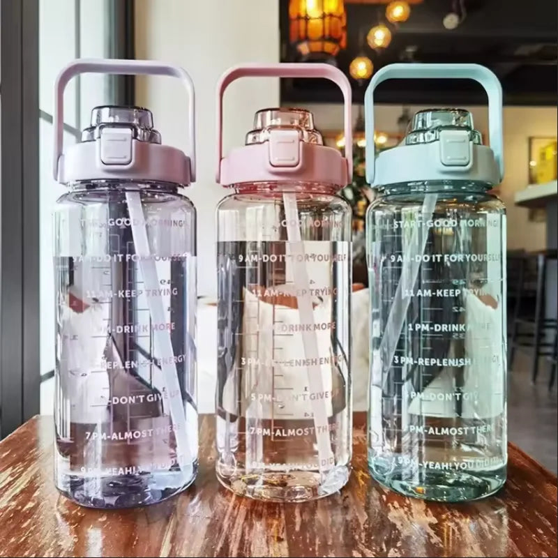 2 Liters Straw Plastic Water Bottle Large Portable Travel Bottle Sports Fitness Cup High Value Big Fat Cup Adult Universal