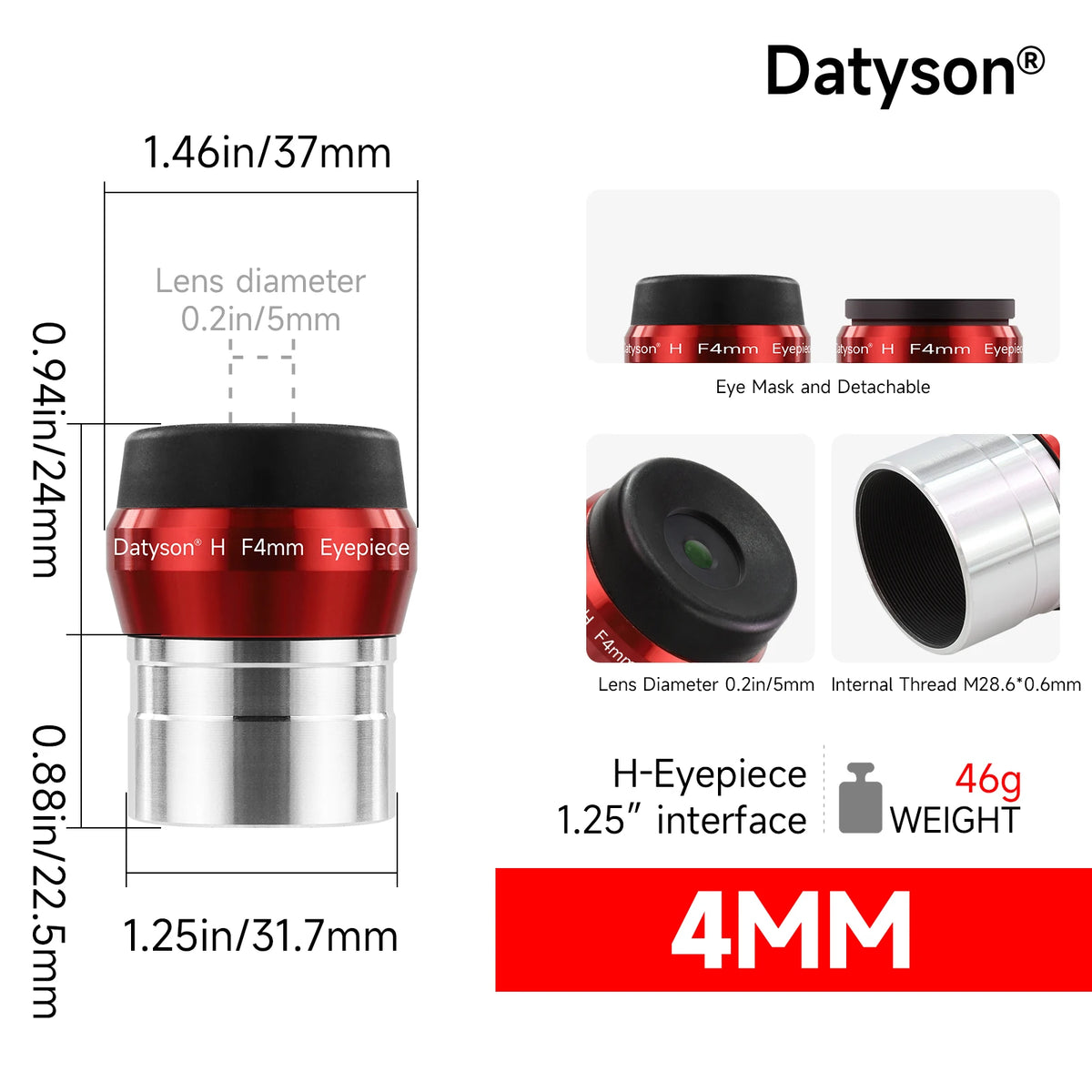 Datyson 1.25' Telescope Eyepiece 4mm 10mm 16mm 20mm Optional- FMC Coated Huygens Eyepieces for Planetary & Deep Sky Observation