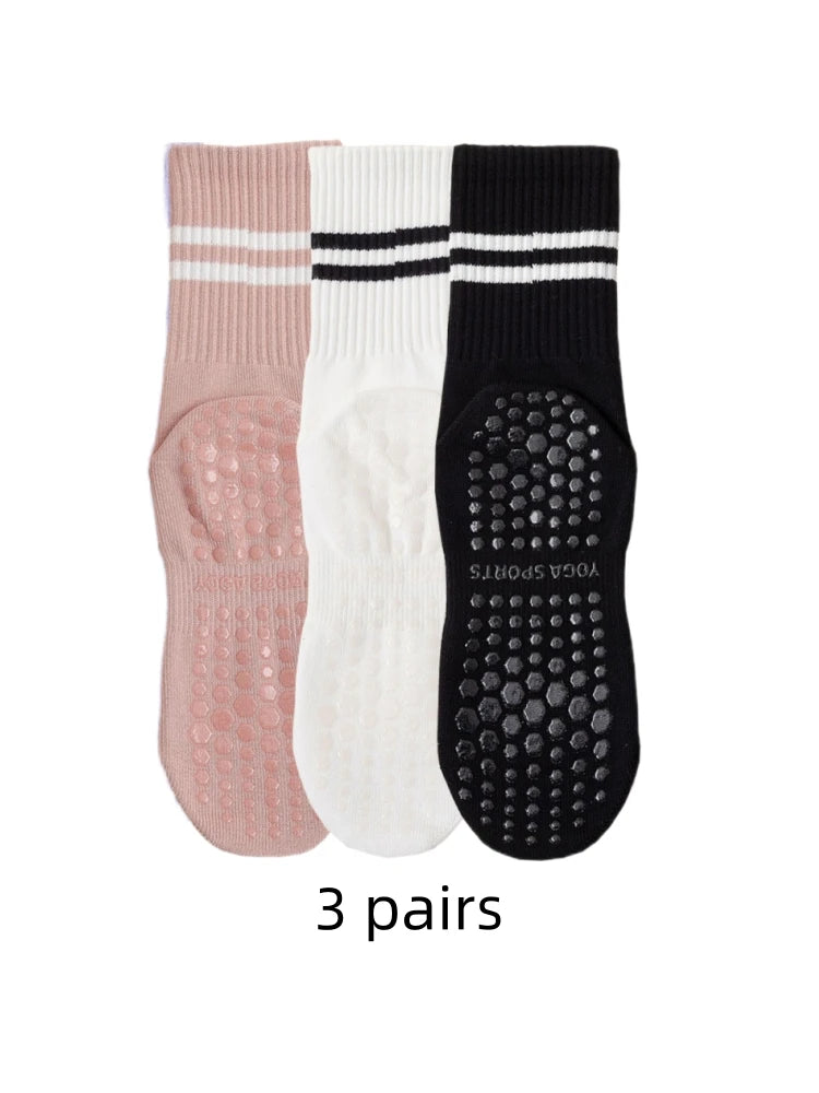 3 Pairs of Yoga Socks, Medium Length Socks, Pure Cotton Anti-Slip Silicone Indoor Fitness Pilates, Women's Sports Socks Wholesal