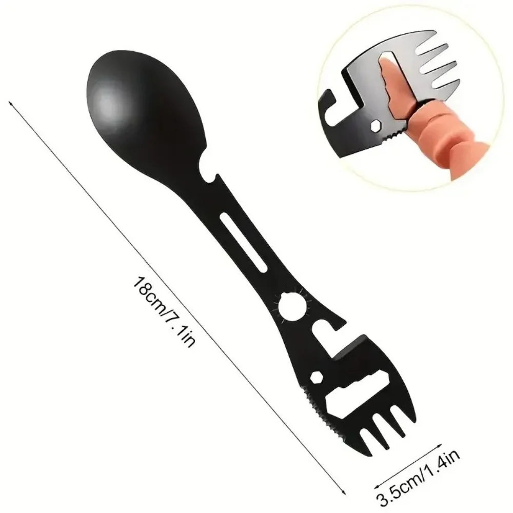 Multifunctional Outdoor Spoon Fork Tool 10 in 1 Survival Kit with Wrench Saw Edge Practical Fork Knife Spoon Bottle/Can Opener
