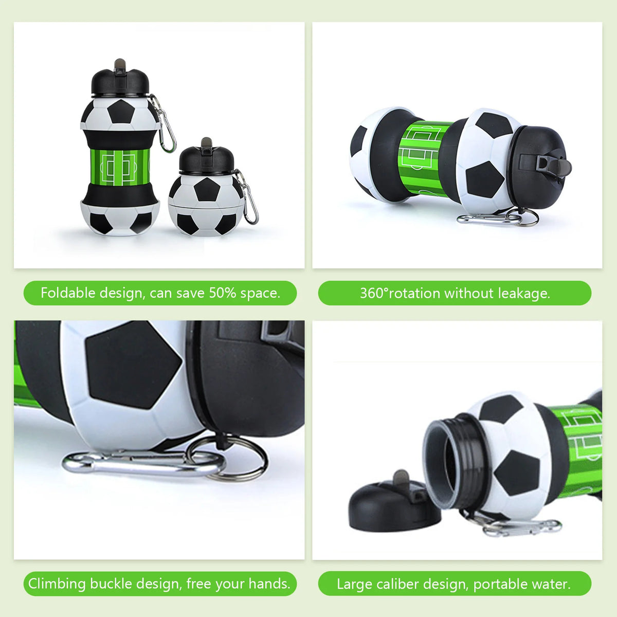 Silicone Collapsible Ball Water Bottle with Climbing Buckle, Drop and Leak Proof Outdoor Sports Mug, Black & White Soccer Style