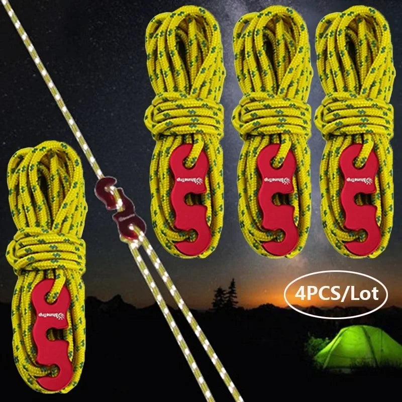 4pcs Durable Camping Tent Ropes Reflective Windproof Reinforced Canopy Accessories with Safety Buckles for Outdoor
