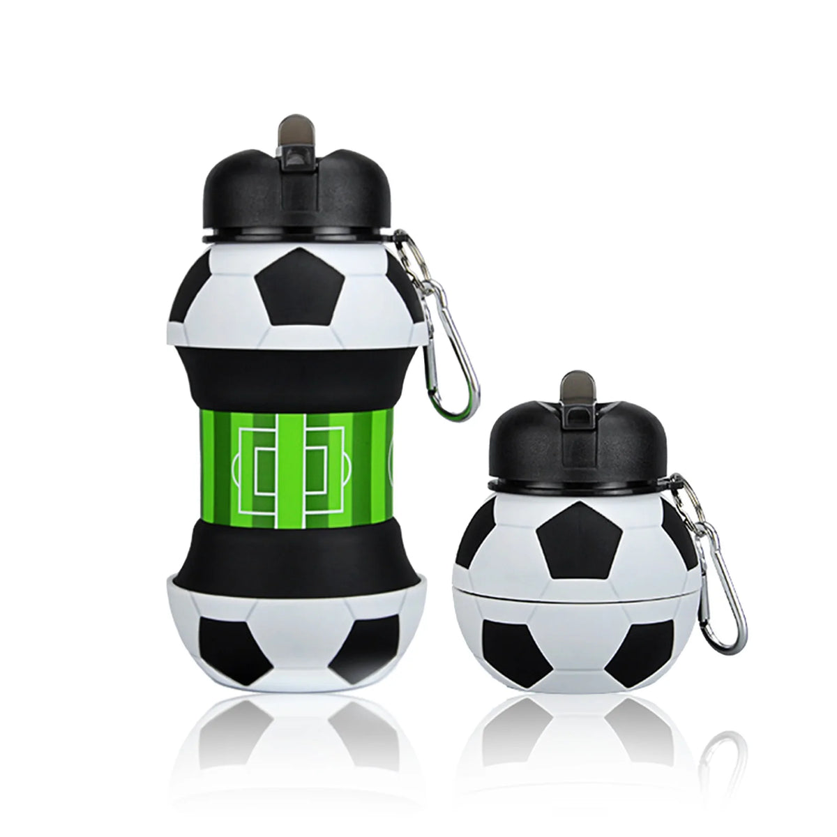 Silicone Collapsible Ball Water Bottle with Climbing Buckle, Drop and Leak Proof Outdoor Sports Mug, Black & White Soccer Style