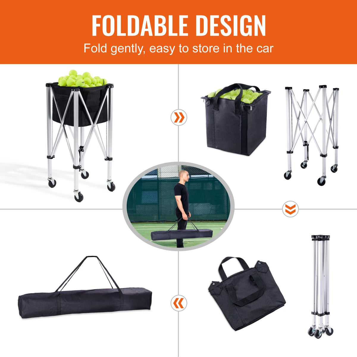 SucceBuy Foldable Tennis Ball Cart Holds 150/180 Tennis Balls Basket Hopper with Wheels for Sports Teaching Baseball Trolley