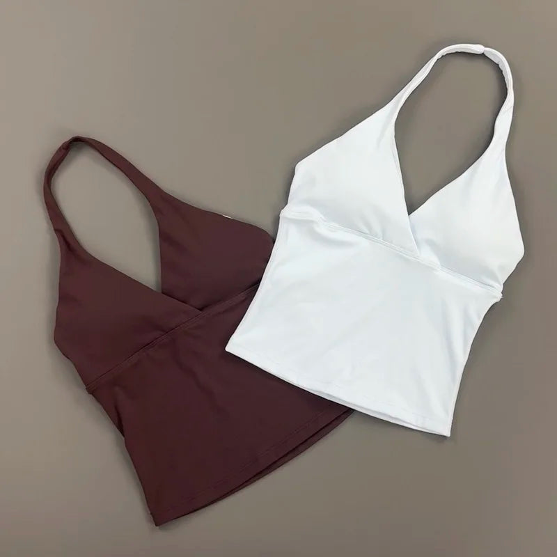 Women Halter Cropped Tank Top V‑Neck Built‑in Padded Bra Sleeveless Stretchy Soft Camisole Yoga Gym Workout Fitness ActiveWear