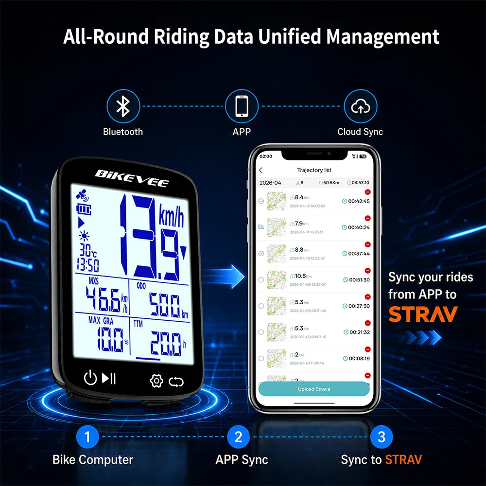 BIKEVEE Newest 2.4-inch LCD Smart Digital Screen Multifunctional USB Rechargeable Wireless GPS Bike Computer 5.3 Bluetooth Outdoor Riding Bicycle Speedometer Odometer Stopwatch Tracker with Auto Backlight Cyclocomputer Bike A