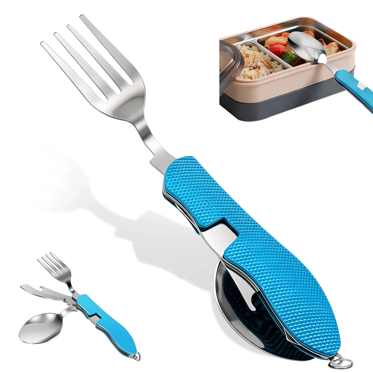 3 In 1 Multi-functional Outdoor Camp Tableware Stainless Steel Foldable Fork Spoon Bottle Opener Kit for Picnic Camping Utensils