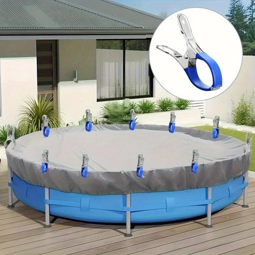 12pcs Durable Stainless Steel Pool Cover Clips with Blue Plastic Handle - Suitable for Ground Pool Covers and Photography