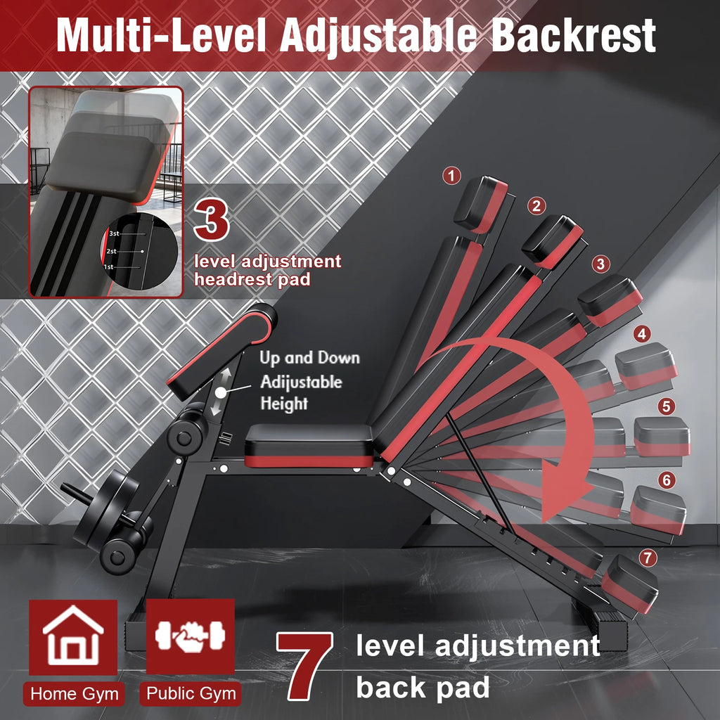 7-Level Foldable Weight Bench Fitness Workout Adjustable Extended Headrest Leg Extension Dumbbell Bench Incline for Full Body