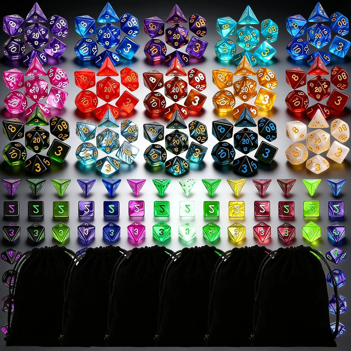 42pcs Polyhedral DND Dice Set with Black Drawstring Pouch - Color-Coded Faces, RPG & D&D Tabletop Game Accessories, ZSY