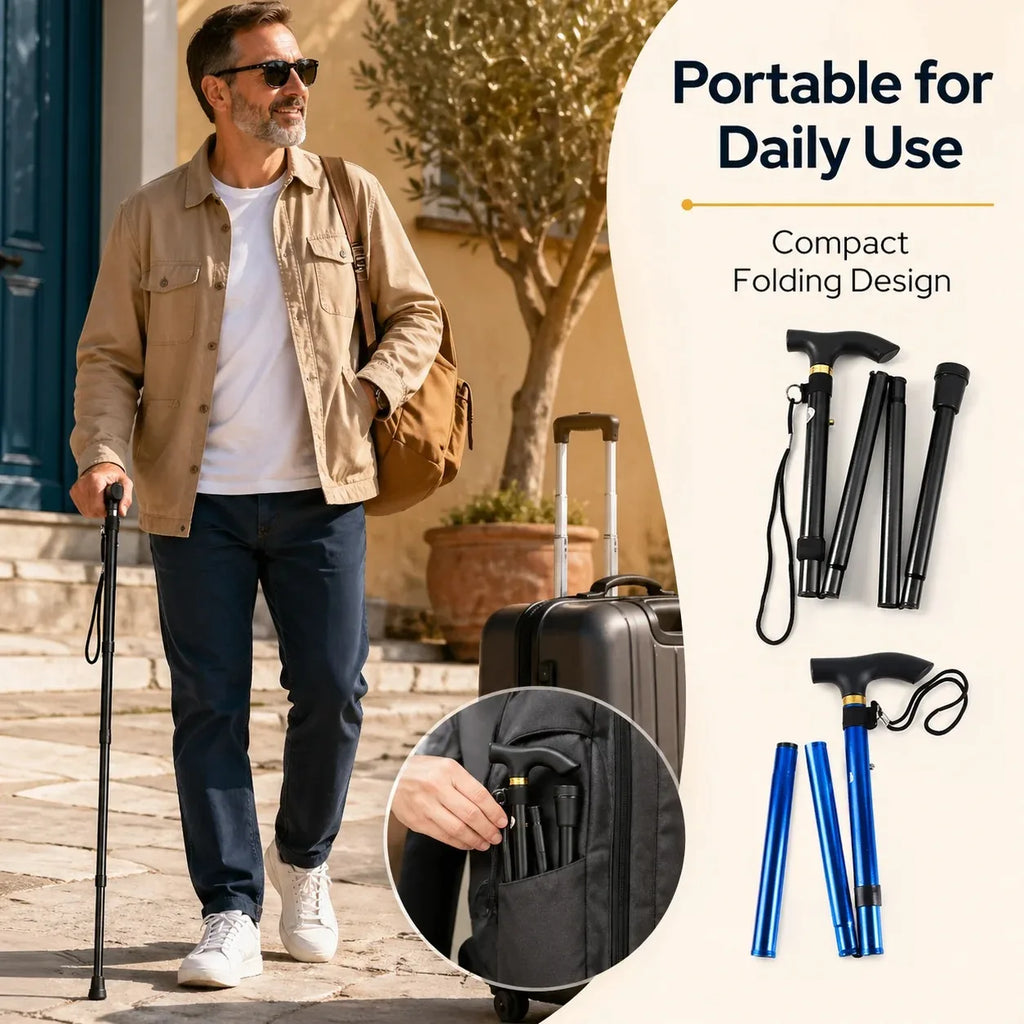 Folding Walking Cane Lightweight Adjustable Portable Travel Walking Stick with Wrist Strap Rubber Tip Blue Black for Daily Trips