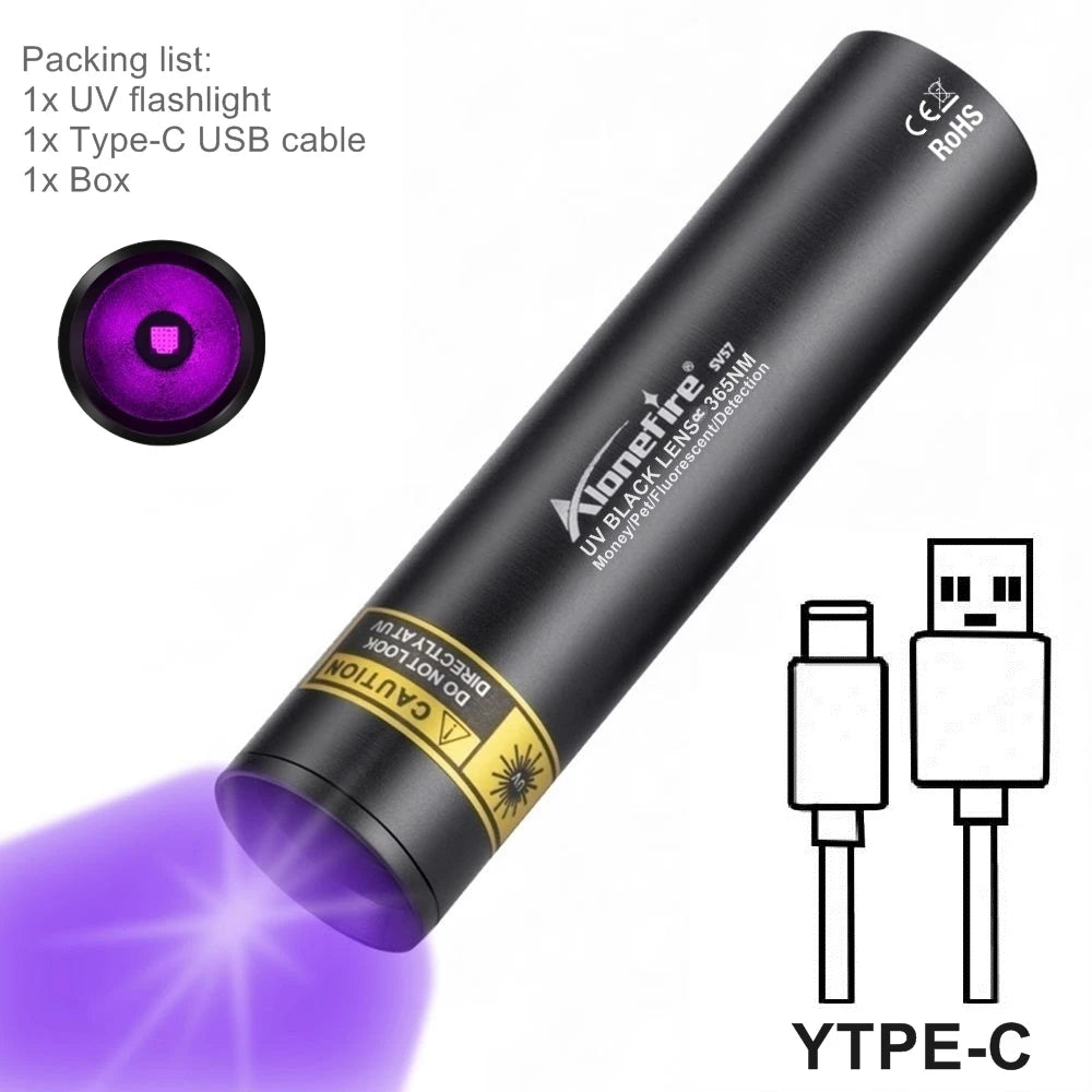Mini 365nm UV Blacklight Flashlight Usb Rechargeable Led Torch Cat Dog Pets Urine Tinea Money Ore Scorpion Detection Nail Light