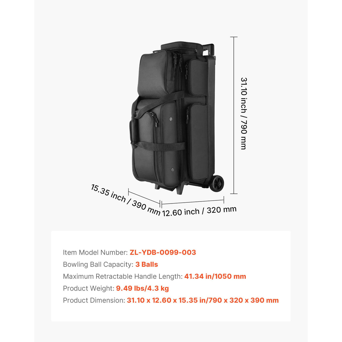 SucceBuy Bowling Ball Bag 3 Ball Double Roller Bowling Bag Featuring a Separate Compartment for Shoes Retractable Handle Extends