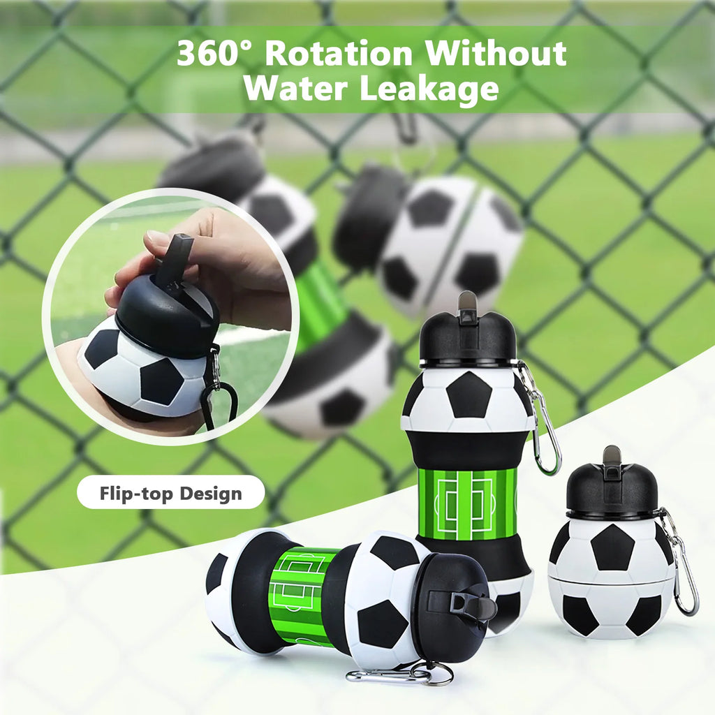 Silicone Collapsible Ball Water Bottle with Climbing Buckle, Drop and Leak Proof Outdoor Sports Mug, Black & White Soccer Style