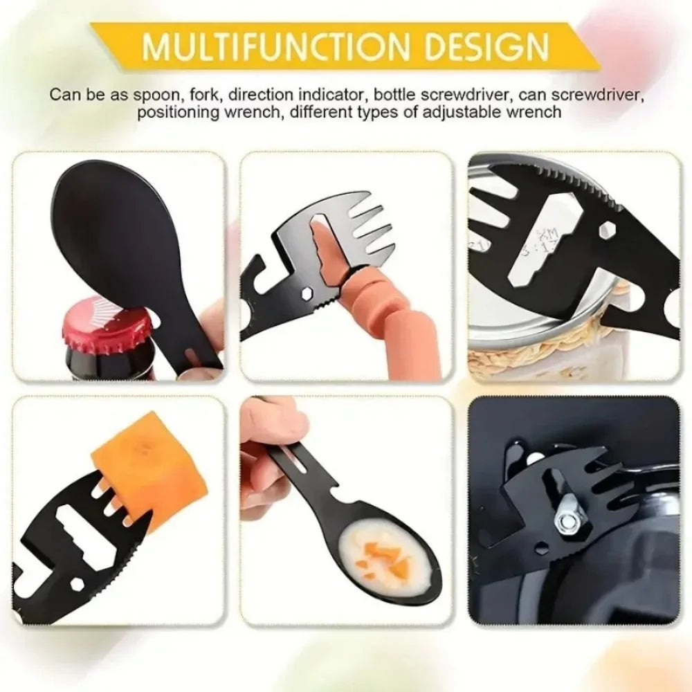 Multifunctional Outdoor Spoon Fork Tool 10 in 1 Survival Kit with Wrench Saw Edge Practical Fork Knife Spoon Bottle/Can Opener