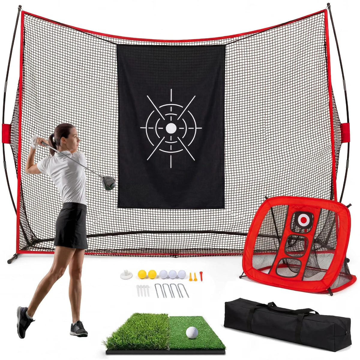 Backyard Golf Practice Net 10x7FT, Hitting Net Set With Chipping Target, Turf Mat, Balls, Tees And Carry Bag Indoor Outdoor