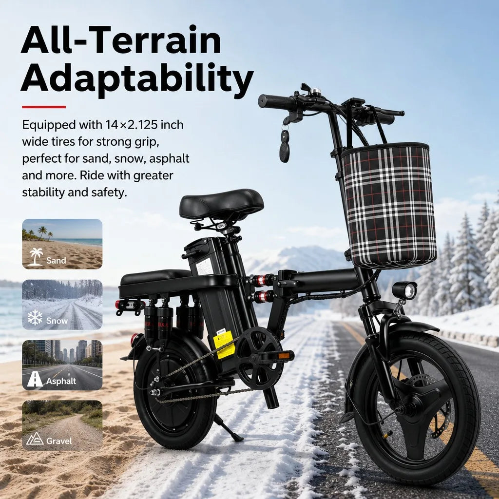 Foldable Electric Bike for Adults 500W 48V 15Ah 14" Tires 8 Shock Absorbers Portable Commuter E-Bicycle Folding Scooter