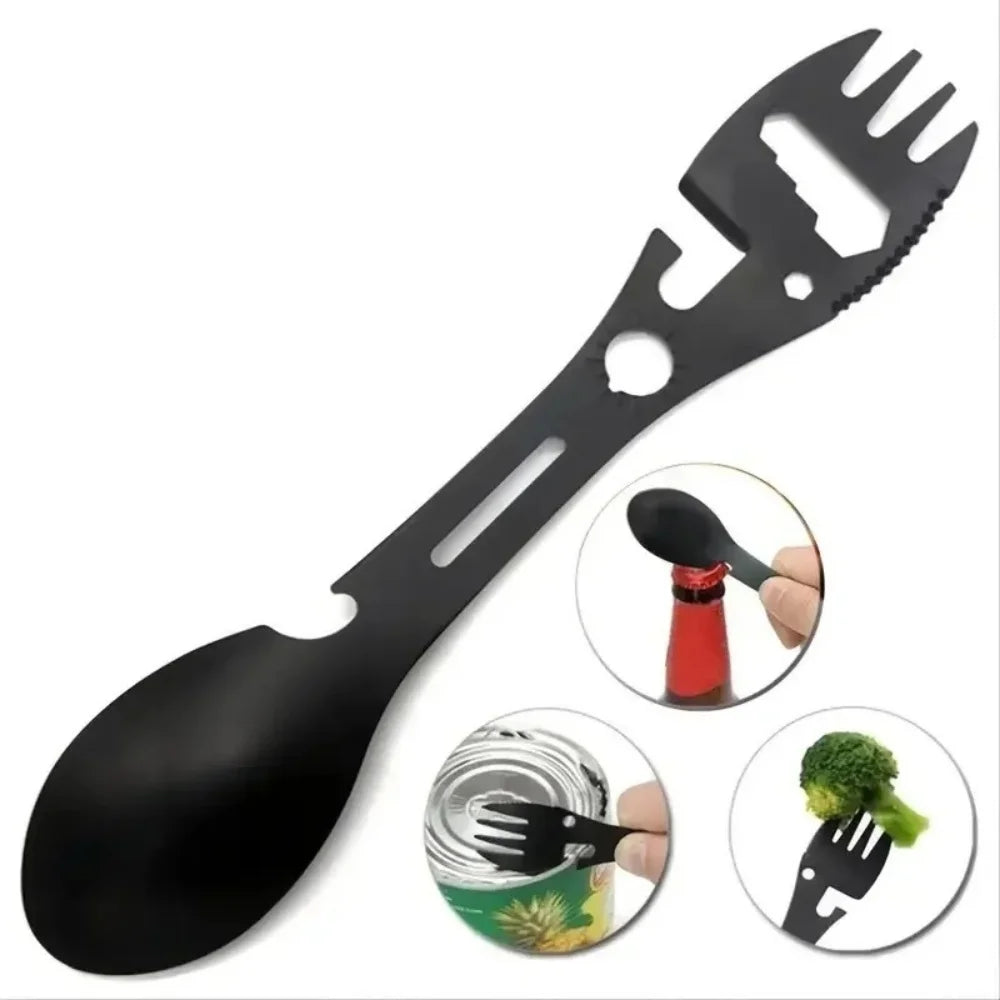 Multifunctional Outdoor Spoon Fork Tool 10 in 1 Survival Kit with Wrench Saw Edge Practical Fork Knife Spoon Bottle/Can Opener