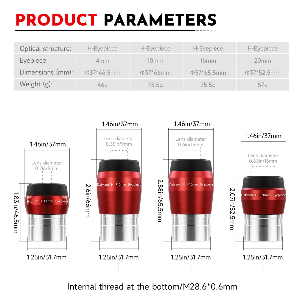 Datyson 1.25' Telescope Eyepiece 4mm 10mm 16mm 20mm Optional- FMC Coated Huygens Eyepieces for Planetary & Deep Sky Observation