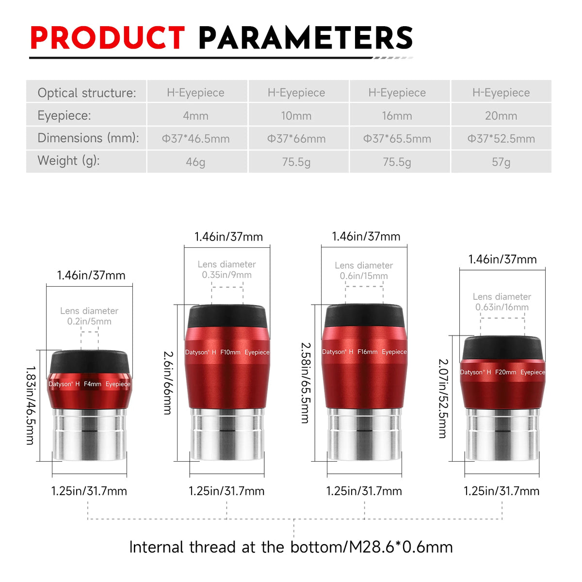 Datyson 1.25' Telescope Eyepiece 4mm 10mm 16mm 20mm Optional- FMC Coated Huygens Eyepieces for Planetary & Deep Sky Observation