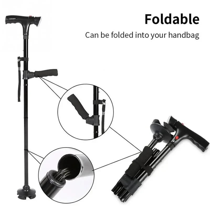 LED Telescopic Foldable Walking Cane with Emergency Alarm Anti-slip Elderly Walking Aid Crutch Stick for Seniors Parents