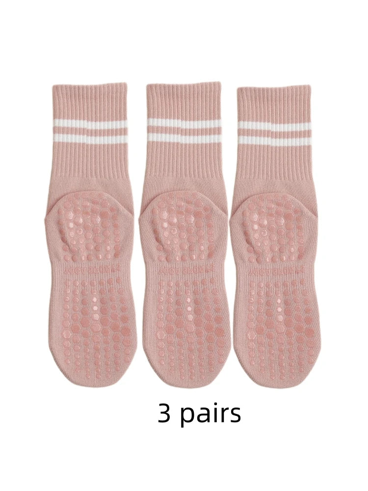 3 Pairs of Yoga Socks, Medium Length Socks, Pure Cotton Anti-Slip Silicone Indoor Fitness Pilates, Women's Sports Socks Wholesal