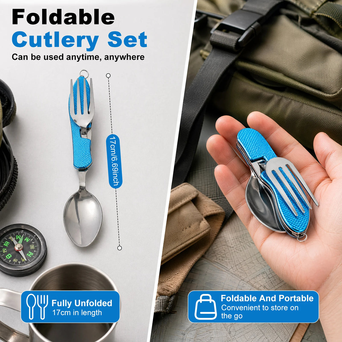 3 In 1 Multi-functional Outdoor Camp Tableware Stainless Steel Foldable Fork Spoon Bottle Opener Kit for Picnic Camping Utensils