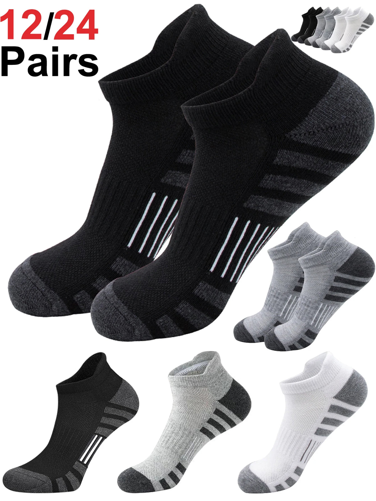 12/24Pairs Ankle Athletic Running Socks Cushioned Breathable Low Cut Sports Tab Socks For Men And Women