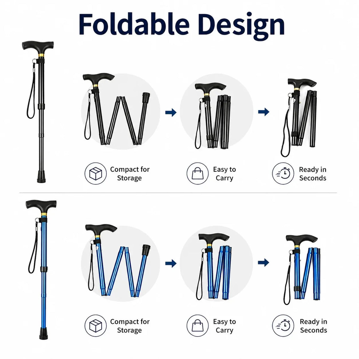 Folding Walking Cane Lightweight Adjustable Portable Travel Walking Stick with Wrist Strap Rubber Tip Blue Black for Daily Trips