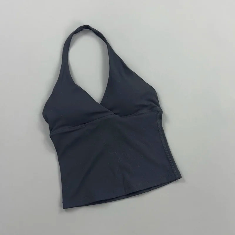 Women Halter Cropped Tank Top V‑Neck Built‑in Padded Bra Sleeveless Stretchy Soft Camisole Yoga Gym Workout Fitness ActiveWear