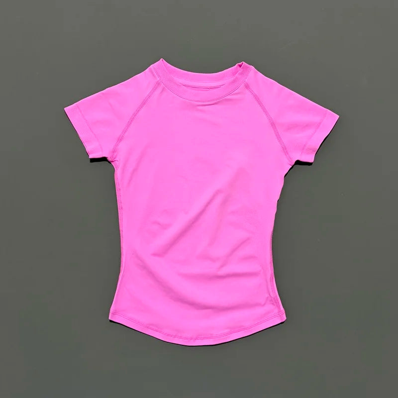 Sport Short Sleeve Top Women Running Sports T Shirt Summer Short Sleeve Round Neck Breathable Stretchy Gym Yoga Fitness Top