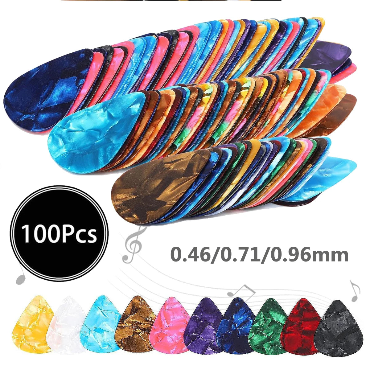 100Pcs/set Mixed Guitar Picks | 3 Thickness (0.46/0.71/0.96mm) | Celluloid Plectrums for Guitar/Bass/Ukulele | Gift Variety