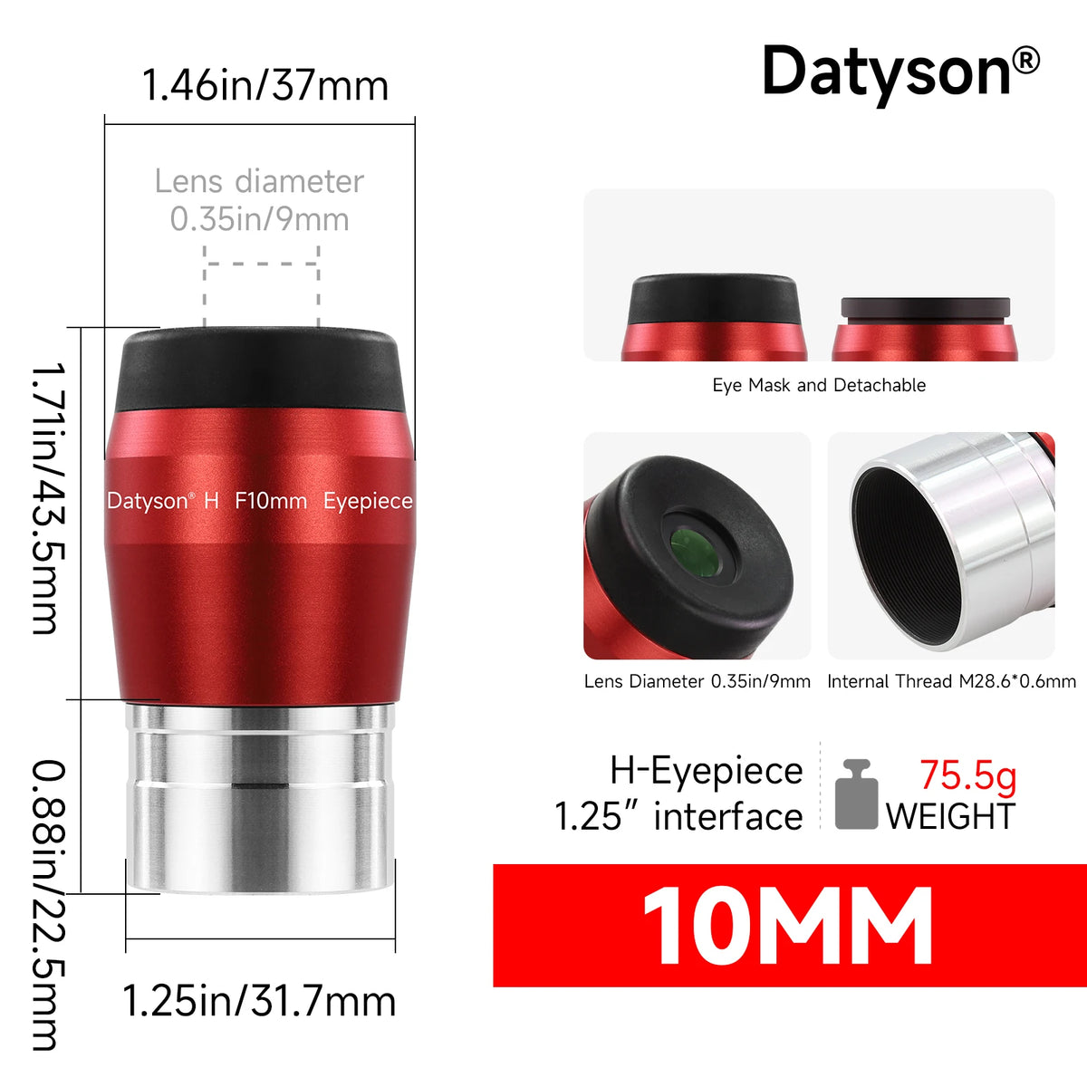 Datyson 1.25' Telescope Eyepiece 4mm 10mm 16mm 20mm Optional- FMC Coated Huygens Eyepieces for Planetary & Deep Sky Observation