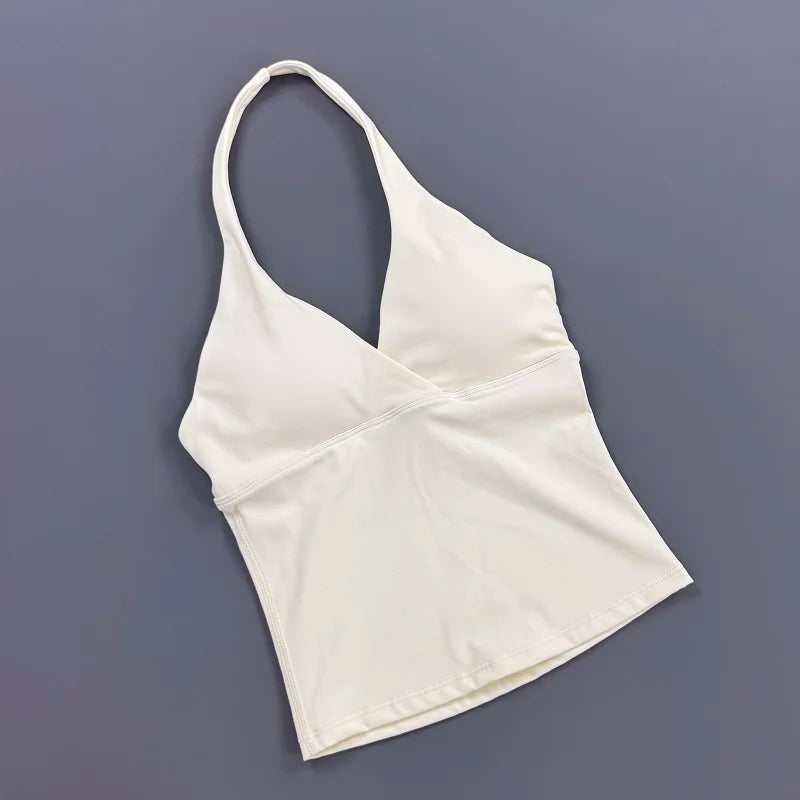 Women Halter Cropped Tank Top V‑Neck Built‑in Padded Bra Sleeveless Stretchy Soft Camisole Yoga Gym Workout Fitness ActiveWear